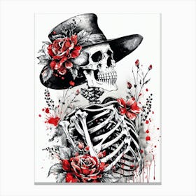 Floral Skeleton With Hat Ink Painting (98) Canvas Print