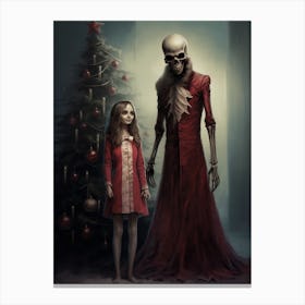 A Skeleton And A Girl Near A Christmas Tree Canvas Print