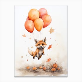 Red Fox Flying With Autumn Fall Pumpkins And Balloons Watercolour Nursery 4 Canvas Print