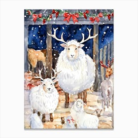 Watercolor Illustration Of A Woolly Sheep Family Celebrating Amidst A Festive Holiday Gathering Woo Canvas Print