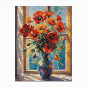 Poppies in a Vase by the Window in the Style of Matisse, Vibrant Colorful Scenery Oil Painting For Feature Wall Decor High Resolution Beautiful Canvas Print