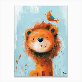 Small Joyful Lion With A Bird On Its Head 27 Canvas Print