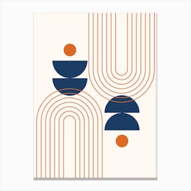 Mid Century Modern Geometric Rainbow, Sun and Moon Phases Abstract in Navy Blue Orange Theme Canvas Print