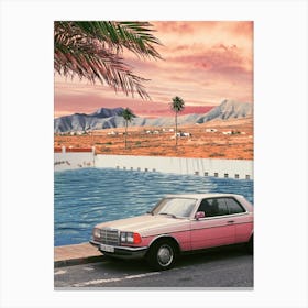 Pink Vintage Car In Front Of The Pool With Palm Trees Canvas Print