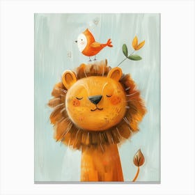 Small Joyful Lion With A Bird On Its Head 20 Canvas Print