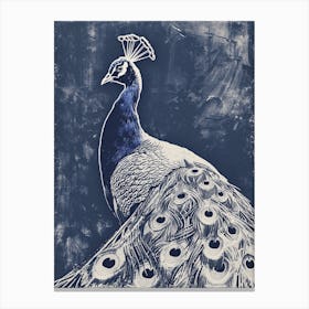 Blue Linocut Inspired Peacock Canvas Print