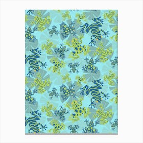 Playful Green And Blue Frogs Frolicking Across A Canvas Of Overlapping Gray Lily Pads On A Light Blue Background Canvas Print