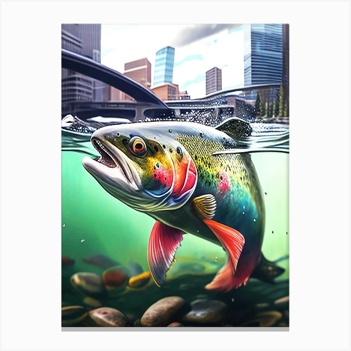 Trout Surfacing Calgary Bow River- Rainbow Trout Canvas Print by SykArt  Designs - Fy