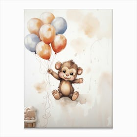 Baby Monkey Flying With Ballons, Watercolour Nursery Art 2 Canvas Print