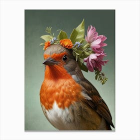 Robin With Flower Crown 21 Canvas Print