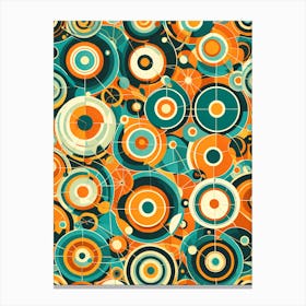 A Vibrant Retro Futuristic Seamless Pattern Featuring Stylized Atoms Starbursts And Geometric Shapes in shades of blue, white and orange, 274 Canvas Print
