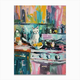 White Cat In The Kitchen Canvas Print