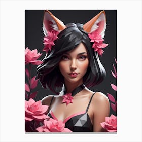 Low Poly Fox Girl,Black And Pink Flowers (30) Canvas Print