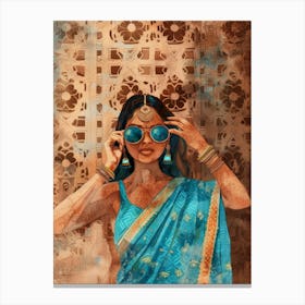 Indian Woman In Blue Sari Canvas Print