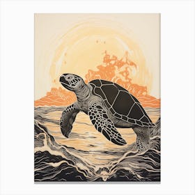 Linocut Illustration Style Of Sea Turtle And Sunset Black & Orange 2 Canvas Print