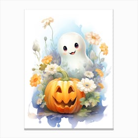 Cute Ghost With Pumpkins Halloween Watercolour 54 Canvas Print