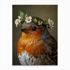 Bird With A Flower Crown European Robin Art Print 4 Canvas Print