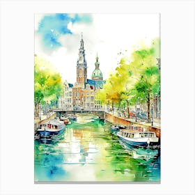 Amsterdam Canal Houses Large Watercolor Painting Canvas Print