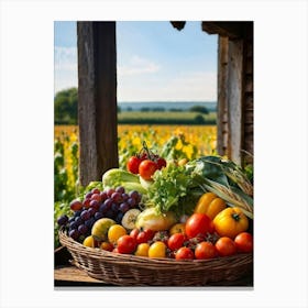 Assorted Vegetables And Fruits From A Fresh Farm Harvest Arranged In A Rustic Wicker Basket Overfl Canvas Print