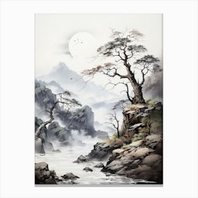 Tojinbo Cliffs In Fukui, Japanese Brush Painting, Ukiyo E, Minimal 2 Canvas Print