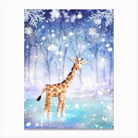 Cheerful Giraffe Frolicking In A Whimsical Winter Wonderland Snowflakes Gently Tumbling Down Twink Canvas Print