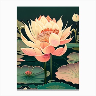 Blooming Lotus Flower In Lake Retro Illustration 1 Canvas Print