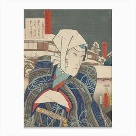 Portrait Of A Man Wearing A White Headscarf With Splatters On Top And A Kimono With Grey, Blue And Purple Canvas Print