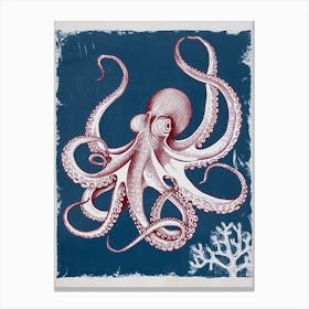 Red & Navy Octopus Linocut Inspired In The Ocean 5 Canvas Print