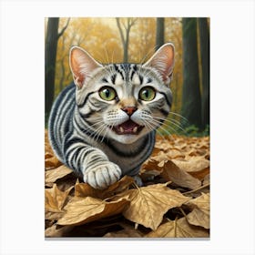 Striped Cat In Autumn Leaves Canvas Print