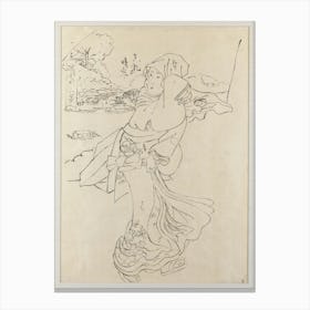 Framed Outline Preparatory Drawing Of A Woman Clutching Kimono Skirts Against Wind; Woman Is Walking With Body In Canvas Print