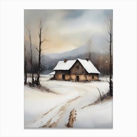 Rustic Winter Oil Painting Vintage Cottage (6) Canvas Print