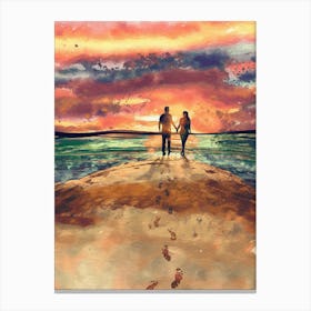 Couple Walking On The Beach At Sunset Canvas Print