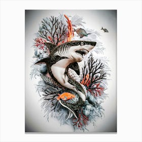 A Shark with Corals and Fish Sketch Art Print #2 Canvas Print