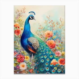 Storybook Style Floral Peacock Illustration 2 Canvas Print