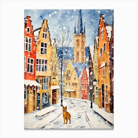 Cat In The Streets Of Bruges   Belgium With Snowd 2 Canvas Print
