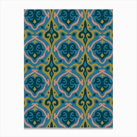 JAVA Boho Ikat Woven Texture Style in Exotic Green Dark Teal Blush Sand on Blue Canvas Print