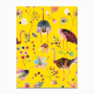 Ostriches And Floral Yellow Canvas Print