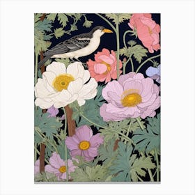 Japanese Anenome And Bird 2 Vintage Japanese Botanical Canvas Print