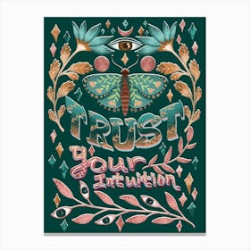 Trust your intuition spiritual artwork with beautiful green butterfly and flowers Canvas Print