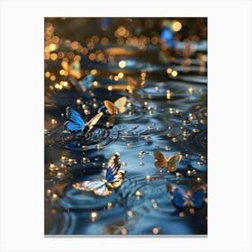 The Sparkling Water, With Several Blue Gold Metal Butterflies Floating On The Surface, Canvas Print