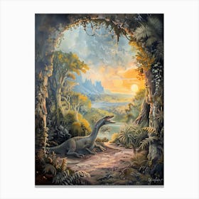 Dinosaur In A Cave At Sunrise Painting Canvas Print