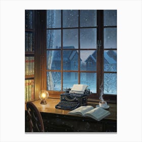 Anime Canvas Art: Cozy Writer’s Desk with Typewriter and Snowy Window View, Perfect for Lofi Aesthetic and Nostalgic Art Lovers. Canvas Print