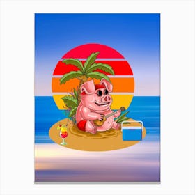 Colorful Pig Illustration Pig In Sunglasses On The Beach Under A Palm Tree Playing Music 2 Canvas Print