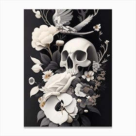 Skull With Bird Motifs Black And White Vintage Floral Canvas Print