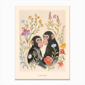 Folksy Floral Animal Drawing Chimpanzee 3 Poster Canvas Print