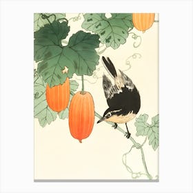 Bird Perched On Pumpkins Canvas Print