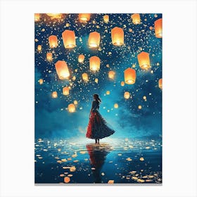 Woman In Dress Standing On Water Against Lanterns Floating In A Night Sky Canvas Print