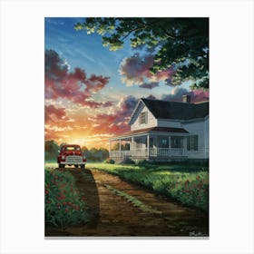 Anime Canvas Art: Tranquil Countryside Sunset with White Farmhouse, Red Truck, and Vibrant Sky, Perfect for Lofi Aesthetic and Rustic Nature Lovers. Canvas Print