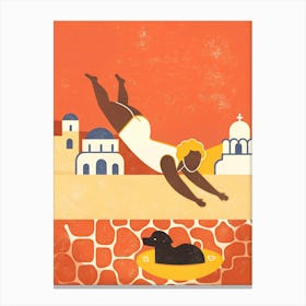 Woman Diving in A Pool with A Black Dog Swimming  Canvas Print