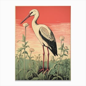 Vintage Bird Linocut Stork 3 Canvas Print